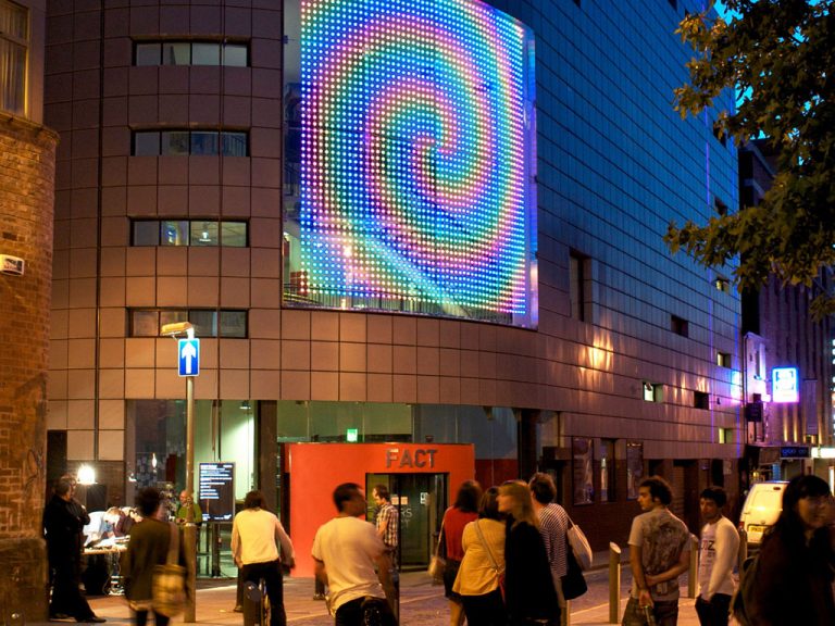 FACT (Foundation for Art and Creative Technology) sporting a large LED spiral of lights above the Wood Street entrance