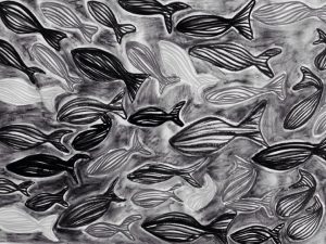 Black and white drawing of fish swmming to the left