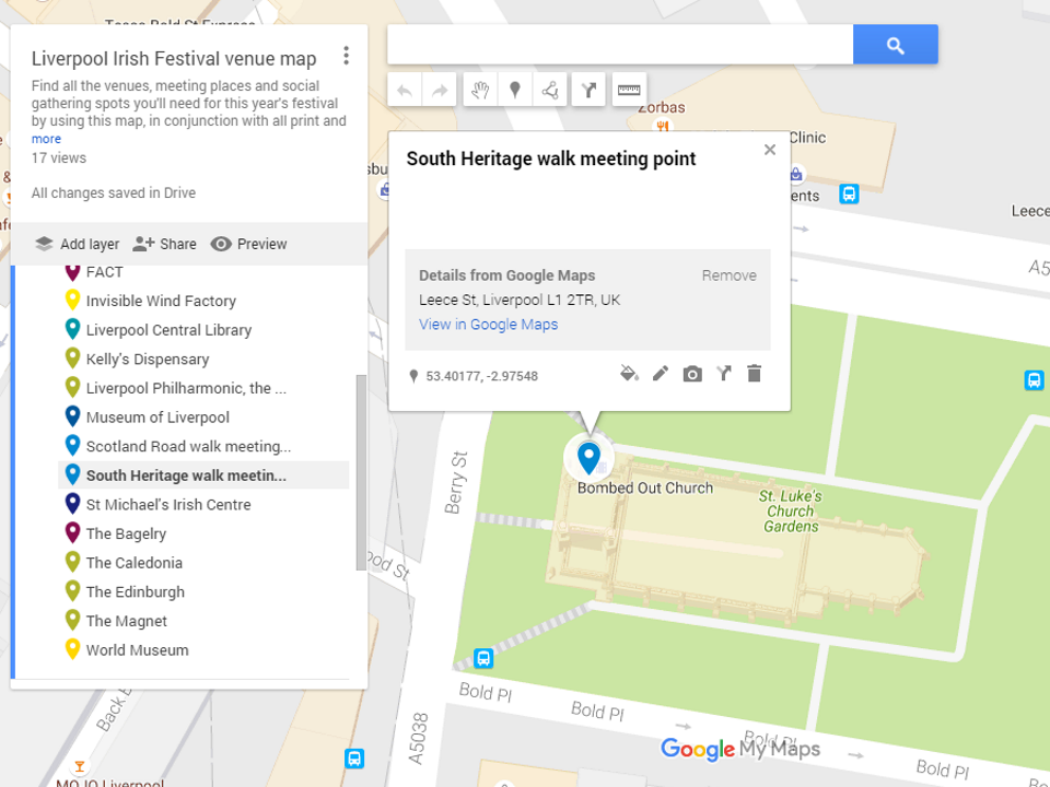 Googlemap screen shot of the South Liverpool Heritage walk meeting point