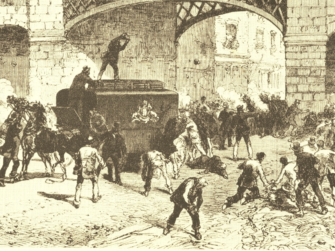 Edward & Eliza and the Smashing of the Van - an illustration of the 1867 attack on a police van to free the prisoners within