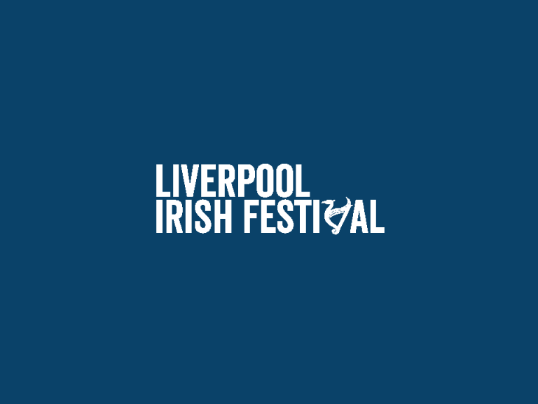 Blue background (comunity, family and sport) with white Liverpool Irish Festival logo