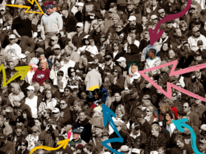 Crowd image, with arrows pointing to individuals within to say 'Could it be you?'.