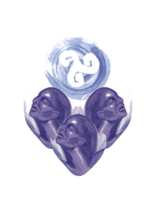 Decorative element - illustration of three fairy figureheads, before a Celtic swirl symbol