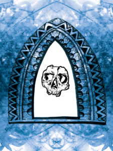 Decorative element - illustrated skull suspended within an ornate archway
