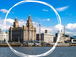 Decorative element: Photo of Liverpool waterfront, with graphic overlay of a circle aournf the Liver Building and Cunard Building, indicating Liverpool City Council (c) Wakeyfan, Pixabay