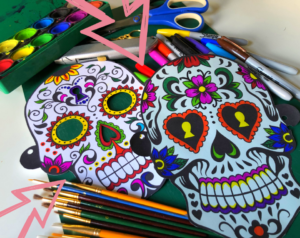 ARt supplies and colourful masks.