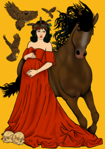 Macha - illustration with ravens and horse (c) Maria Crean 