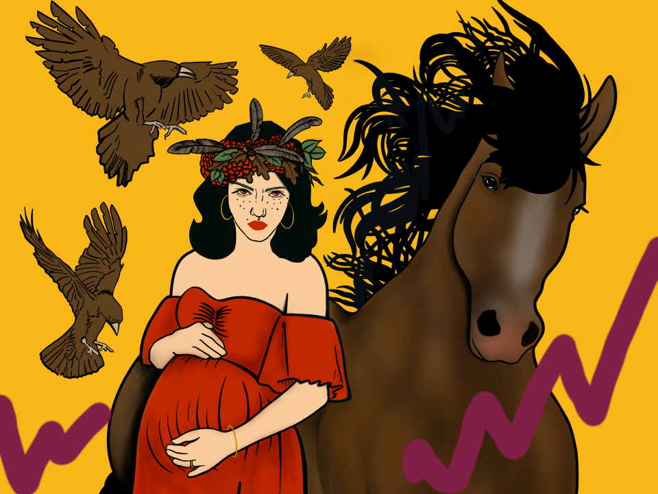 Macha - illustration with ravens and horse (c) Maria Crean (detail only)
