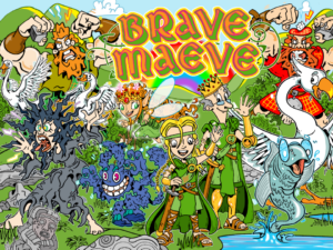 Detail of the cover of Stu Harrison's book: Brave Maeve, featuring many illustrated mythological creatures.