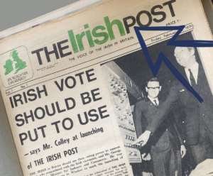Detail of the first ever edition of The Irish Post, printied 13 Feb 1970.