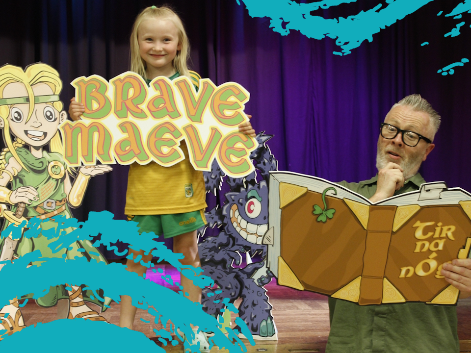 Stu Harrison with the real Brave Maeve, her illustration, púca and Tir Na nÓg book.