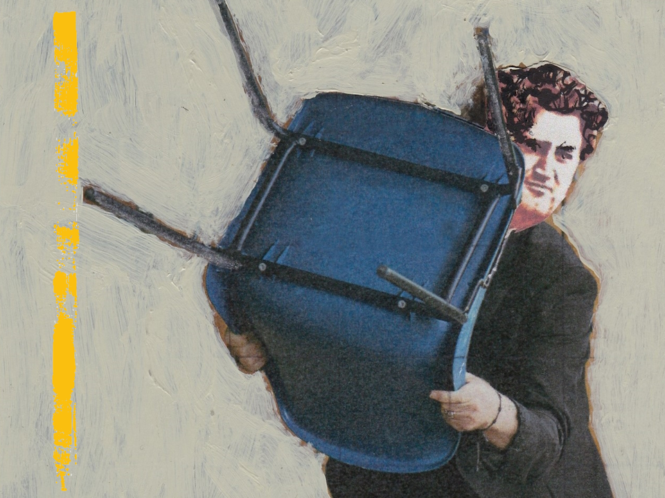 Brendan Behan painting of him holding up a blue chair (c) Pamela Howard (detail only)