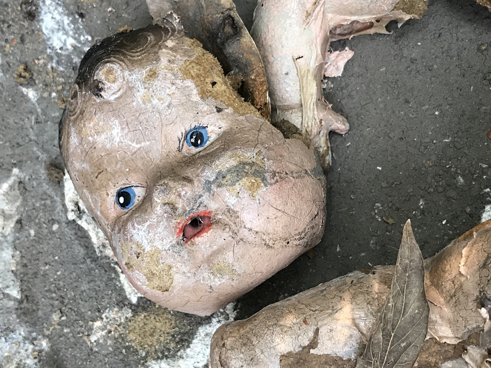 A vintage doll's face, scratched and broken, laying on the ground, with leaves.