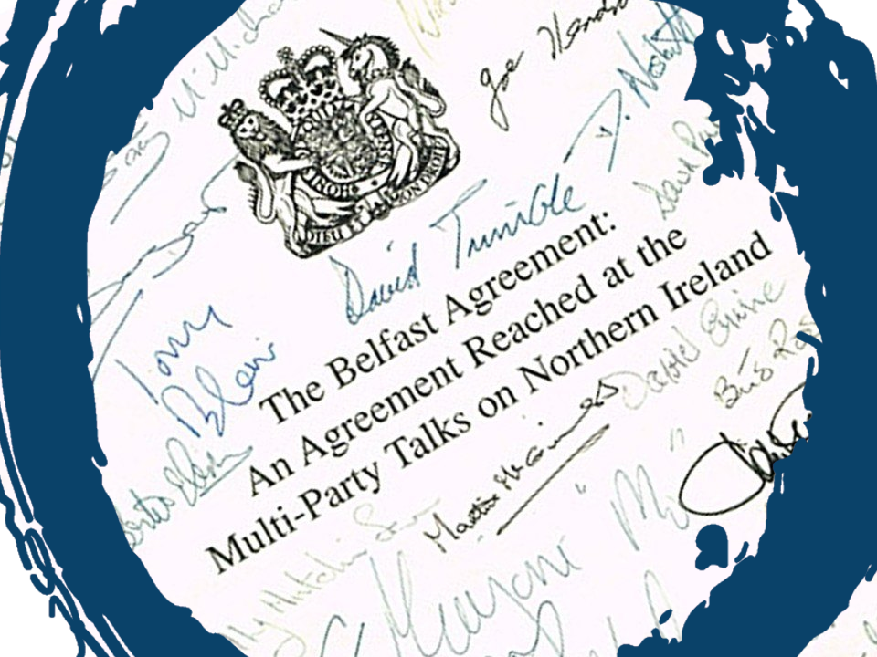 Detail close up of the front of The Belfast Agreement, replete with leader signatures.