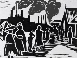 Close up of a black and white woodcut that features on teh cover of Ged Melia's Liverpool.