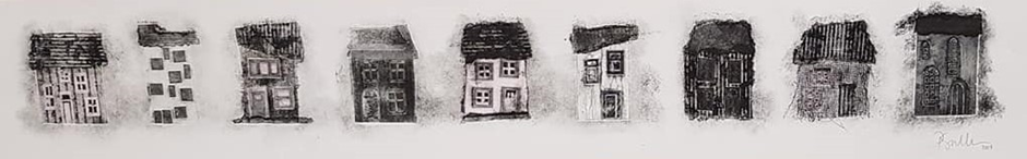 Black and white illustrations of little houses (c) Pam Sullivan, 2023.