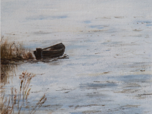 Detail from Jean Maskell's painting, used for her book cover/ Features a small and personless boat, afloat on a body of water.
