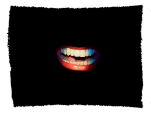 Image of disembodied mouth from Beckett's play 'Not I'.